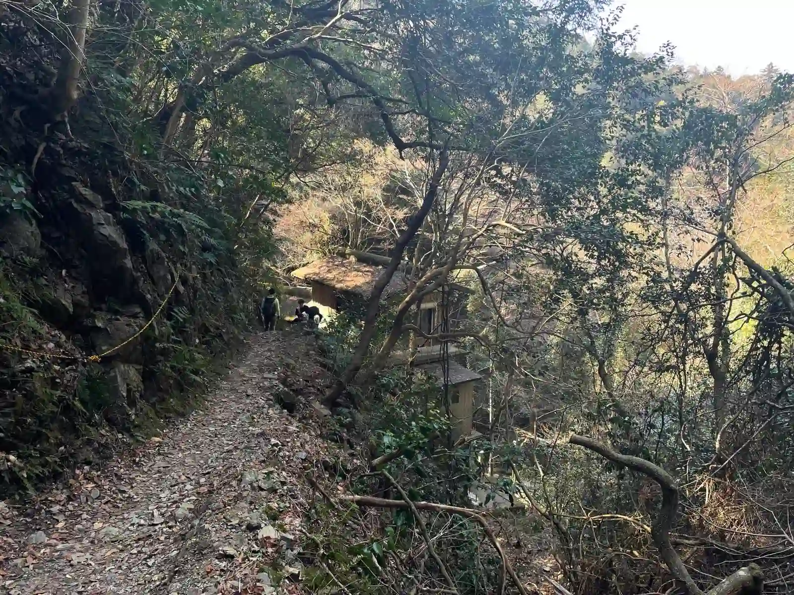 Hiking down, house.